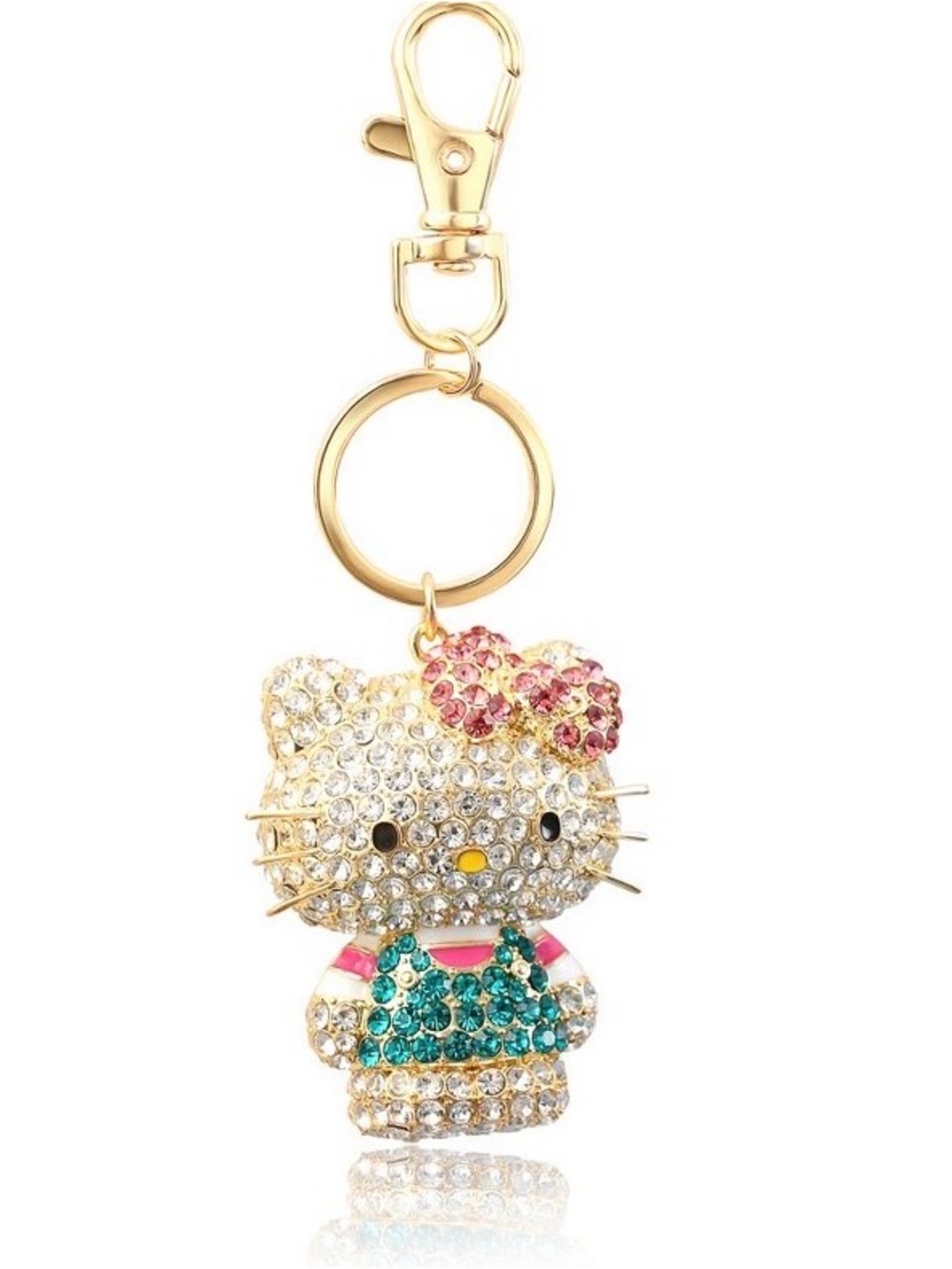 Hello Kitty Gold-Tone Crystal Keychain with Pink Bow and Teal Outfit